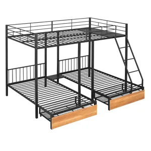 Full Over Twin & Twin Bunk Bed, Metal Triple Bunk Bed With Drawers And Guardrails - Black