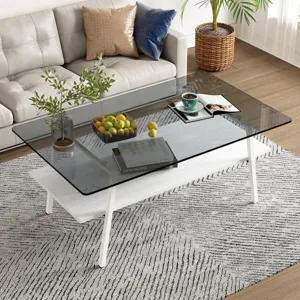 Rectangle Coffee Table, Tempered Glass Tabletop With White Metal Legs, Modern Table For Living Room 