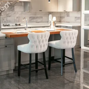 Contemporary Velvet Upholstered Wing-Back Barstools With Button Tufted Decoration And Wooden Legs, A