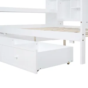 Full Size Wooden Daybed With 3 Drawers, USB Ports And Desk - White