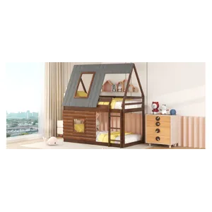 Wood Twin Size House Bunk Bed With Roof, Ladder And 2 Windows - Oak & Smoky Gray