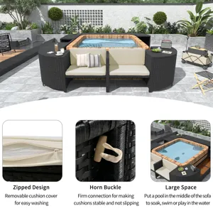Spa Surround Spa Frame Quadrilateral Outdoor Rattan Sectional Sofa Set With Mini Sofa, Wooden Seats 