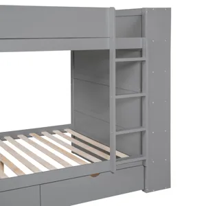 Full Over Full Bunk Bed With 2 Drawers And Multi - Layer Cabinet - Gray