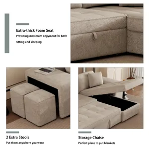 Modern L-Shape 3 Seat Reversible Sectional Couch, Pull Out Sleeper Sofa With Storage Chaise And 2 St