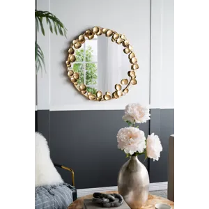 Round Metal Wall Mirror With Leaf Accents, Modern Decor Mirror For Living Room Entryway Hallway - Go