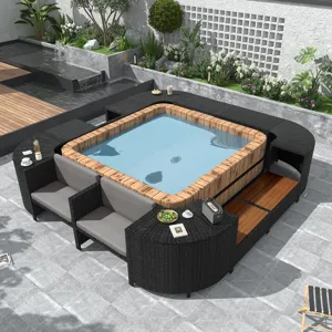 Spa Surround Spa Frame Quadrilateral Outdoor Rattan Sectional Sofa Set With Mini Sofa, Wooden Seats 