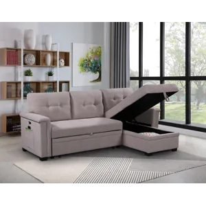 Ashlyn - Reversible Sleeper Sectional Sofa With Storage Chaise, USB Charging Ports And Pocket - Ligh