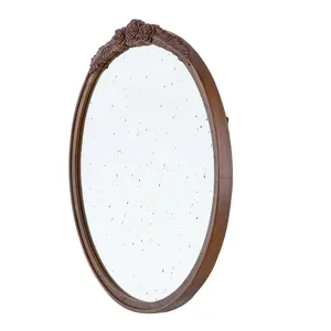 Round Hand Carved Rose Antique Mirror Frame, Wall Mirror For Live Space, Bathroom, Entryway Wall Dec
