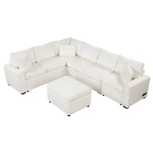 Sectional Sofa Pull-Out Sofa Bed Sleeper With A Storage Ottoman, Three Pillows And Charging Devices 