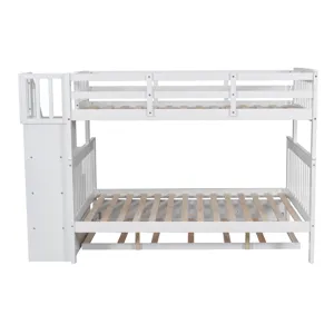 Twin Over Full Bunk Bed With Twin Size Trundle, Storage And Guard Rail For Bedroom, Dorm, For Adults