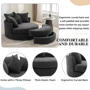 360° Swivel Accent Barrel Chair With Storage Ottoman & 4 Pillows, Modern Chenille Leisure Chair Roun