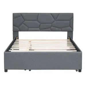 Full Size Upholstered Platform Bed With Brick Pattern Headboard And Twin Size Trundle, Linen - Gray