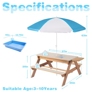 3-In-1 Kids Outdoor Wooden Picnic Table With Umbrella, Convertible Sand & Water, ASTM & CPSIA Certif