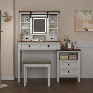 Farmhouse Makeup Vanity Desk With Adjustible LED Lighted Mirror And Charging Station For Bedroom, Dr