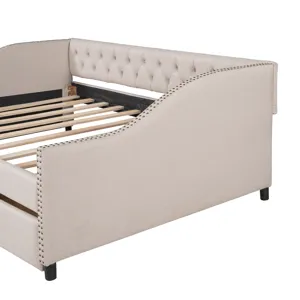 Full Size Upholstered Daybed With Two Drawers, Wood Slat Support - Beige