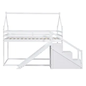 Twin Over Twin House Loft Or Bunk Bed With Slide And Staircase - White