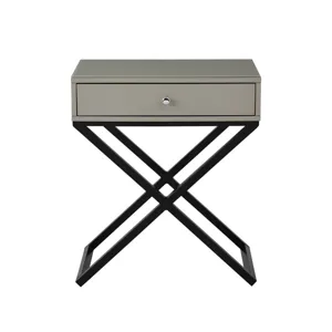 Koda - Wooden End Side Table Nightstand With Glass Top, Drawer And Metal Cross Base - Taupe