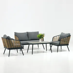 4 Pieces Patio Furniture Set, PE Rattan Wicker With Washable Cushion And Tempered Glass Tabletop, Co