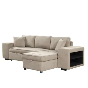 Modern L-Shape 3 Seat Reversible Sectional Couch, Pull Out Sleeper Sofa With Storage Chaise And 2 St