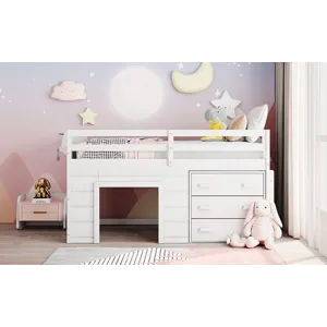 Twin Size Loft Bed With Cabinet And Shelf - White
