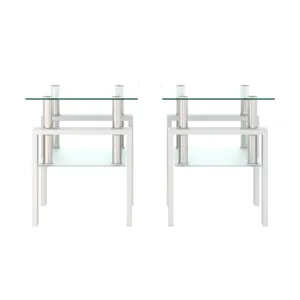 Modern Tempered Glass Tea Table, End Square Table For Living Room (Set of 2) - Transparent / White