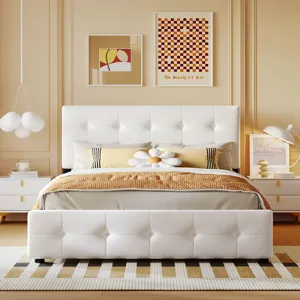 Queen Size Upholstered Platform Bed With Classic Headboard And 4 Drawers, No Box Spring Needed - Whi