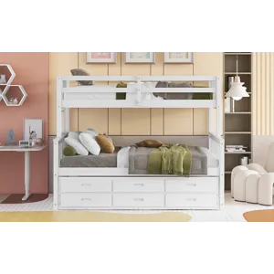 Twin Over Full Bunk Bed With Twin Size Trundle, Separable Bunk Bed With Drawers For Bedroom - White