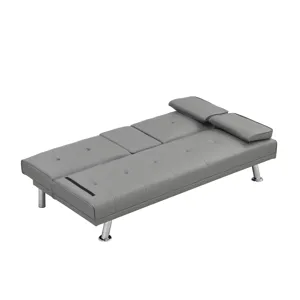 Sofa Bed With Armrest Two Holders Wood Frame, Stainless Leg Futon - Gray