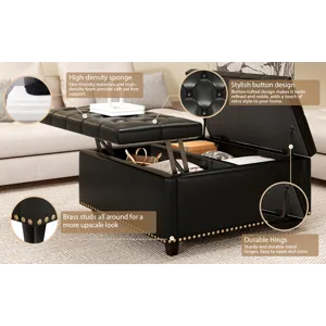 Large Square Storage Stool With Two Storage Doors, Footstool For Living Room Studded Mid-Century Mod
