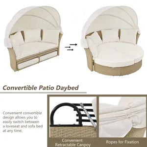 Outdoor Patio Daybed Wicker Rattan Double Daybed Round Sofa Furniture Set With Retractable Canopy, 4