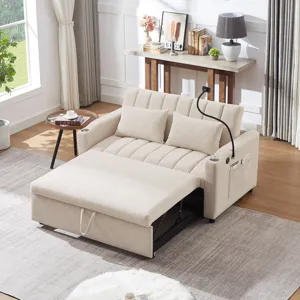Convertible Sofa Bed Loveseat Sofa With Three USB Ports, Two Side Pockets, Two Cup Holders And 360° 