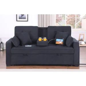 Cody II - 69.5\"W Dark Gray Woven Fabric Convertible Sleeper Loveseat With Cup Holder, Charging Port