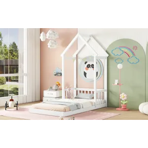 Twin House-Shaped Roof Headboard Floor Bed, (Without Slats) - White