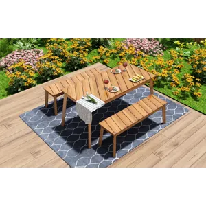 3 Pieces Acacia Wood Table Bench Dining Set For Outdoor & Indoor Furniture With 2 Benches, Picnic Be