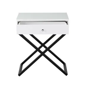 Koda - Wooden End Side Table Nightstand With Glass Top, Drawer And Metal Cross Base - White