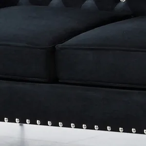 Wide Sofa With Jeweled Buttons Square Arm, 2 Pillows - Black