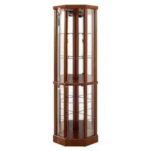6 Shelf Lighted Corner Curio Cabinet With Adjustable Tempered Glass Shelves And Mirror Back (E26 Light Bulb Not Included) - Walnut