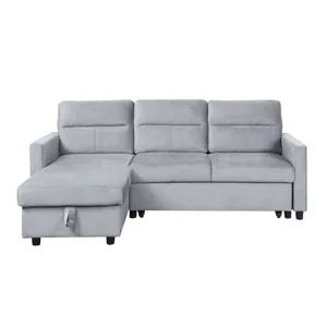 Ruby - Velvet Reversible Sleeper Sectional Sofa With Storage Chaise And Side Pocket - Light Gray