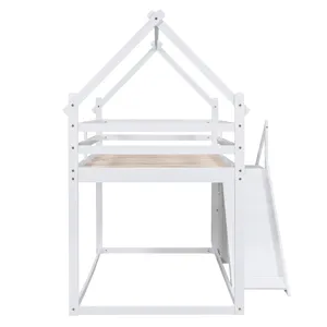 Twin Over Twin House Loft Or Bunk Bed With Slide And Staircase - White