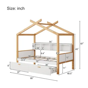 Twin Size Wooden House Bed Original Wood Colored Frame With Two Drawers And Bookshelf Storage Space 