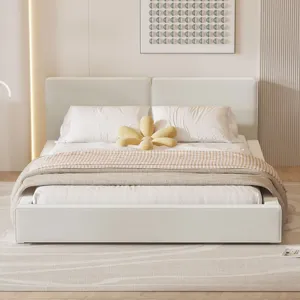 Queen Size Upholstered Platform Bed With , Grounded Bed With Solid Frame - Beige