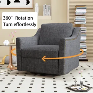 360 Degree Swivel Armchair Cotton Linen Skin-Friendly Fabric Ergonomic Design Brass Nail Decorative 