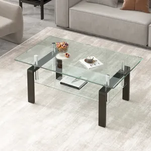 Tempered Clear Glass Coffee Table, 2-Layers Coffee Table Living Room Center Table - Black