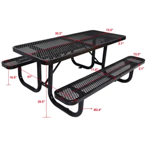 Rectangular Outdoor Steel Picnic Table With Umbrella Pole - Black