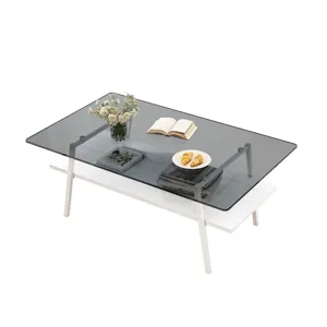 Rectangle Coffee Table, Tempered Glass Tabletop With White Metal Legs, Modern Table For Living Room 