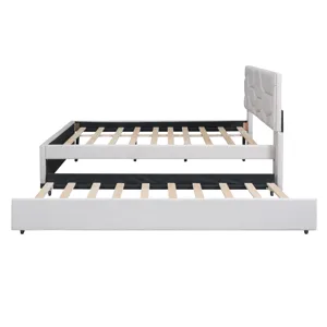 Full Size Upholstered Platform Bed With Brick Pattern Headboard And Twin Size Trundle, Linen - Beige