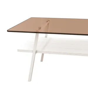 Rectangle Coffee Table, Tempered Glass Tabletop With White Metal Legs, Modern Table For Living Room 