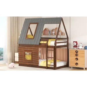 Wood Twin Size House Bunk Bed With Roof, Ladder And 2 Windows - Oak & Smoky Gray