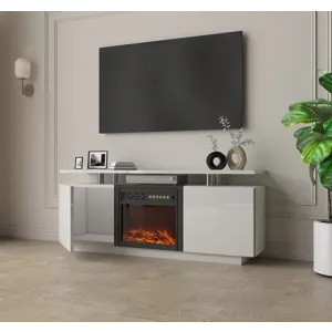 TV Cabinet, TV Unit With Fireplace, Have Heat And Flame Color Changes - White