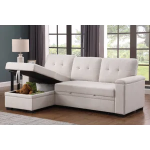 Lucca II  - 84.5\"W Beige Woven Fabric Reversible Sleeper Sectional Sofa With Storage Chaise and Poc